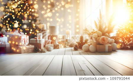 wooden table with gift boxes and decorations 109791044