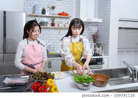 Two women making sandwiches in the kitchen Two women making sandwiches in the kitchen 109791110