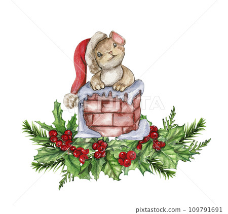 Watercolor Christmas mice in cartoon style composition. Watercolor Christmas hand drawn illustration for cards, backgrounds, scrapbooking and your design. 109791691