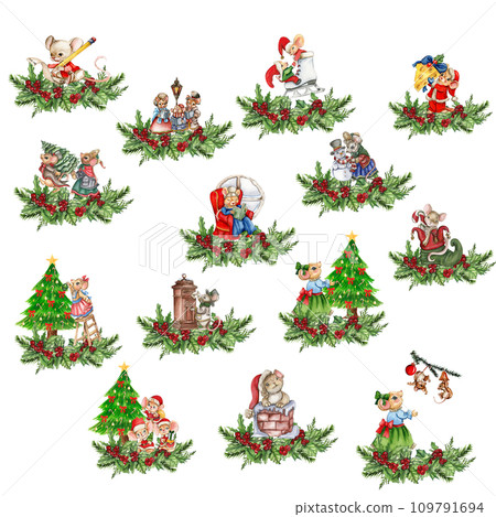 Watercolor Christmas mice in cartoon style composition. Watercolor Christmas hand drawn illustration for cards, backgrounds, scrapbooking and your design. 109791694