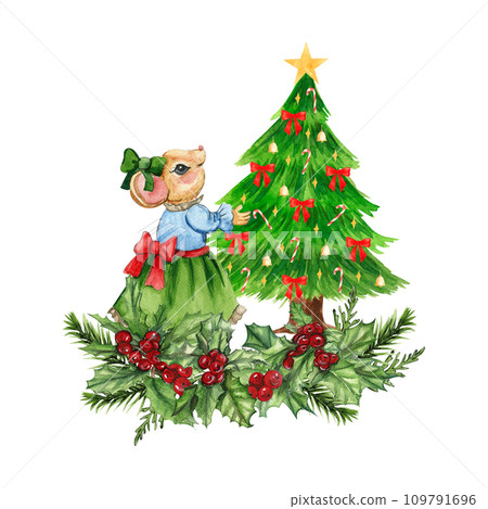 Watercolor Christmas mice in cartoon style composition. Watercolor Christmas hand drawn illustration for cards, backgrounds, scrapbooking and your design. Watercolor Christmas mice in cartoon style composition. Watercolor Christmas hand drawn illustration for cards, backgrounds, scrapbooking and your design. 109791696