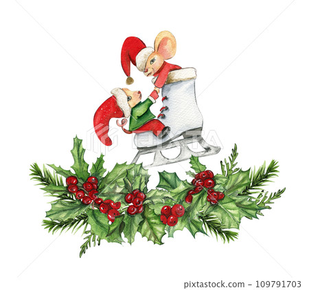 Watercolor Christmas mice in cartoon style composition. Watercolor Christmas hand drawn illustration for cards, backgrounds, scrapbooking and your design. Watercolor Christmas mice in cartoon style composition. Watercolor Christmas hand drawn illustration for cards, backgrounds, scrapbooking and your design. 109791703