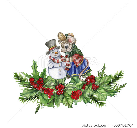 Watercolor Christmas mice in cartoon style composition. Watercolor Christmas hand drawn illustration for cards, backgrounds, scrapbooking and your design. 109791704