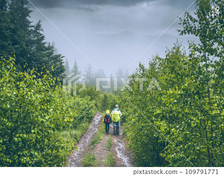 Two hikers on a path throught the forest in the mountains Two hikers on a path throught the forest in the mountains 109791771