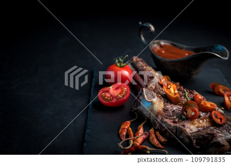 Grilled hot ribeye beef steak on bone with spicy sauce Grilled hot ribeye beef steak on bone with spicy sauce 109791835