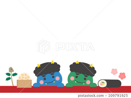 Setsubun藍色惡魔與綠色惡魔插圖，白色背景與複製空間 109791925