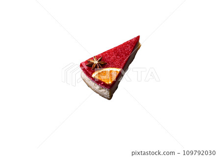 Delicious sweet cheesecake with raspberry jam on a black ceramic plate Delicious sweet cheesecake with raspberry jam on a black ceramic plate 109792030