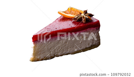 Delicious sweet cheesecake with raspberry jam on a black ceramic plate 109792032