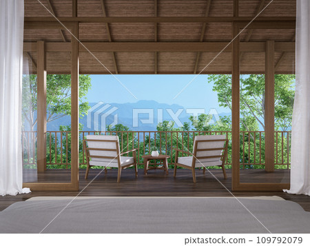 Modern contemporary bedroom overlooking wooden terrace and nature view 3d render 109792079