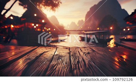wood table top on wood table and sunset 109792126