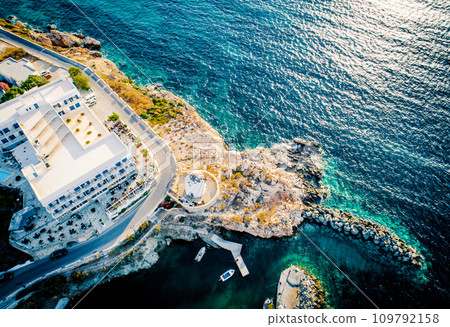 Aerial viewpoint of costal village on Paros island, Greece 109792158