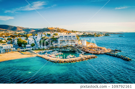 Aerial viewpoint of costal village on Paros island, Greece 109792161
