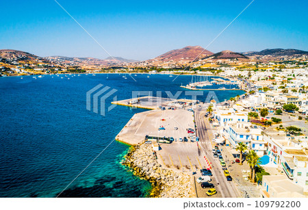 Aerial view of the quay and shoreline on Paros islans Aerial view of the quay and shoreline on Paros islans 109792200