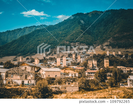 Panoramic view of Mestia Svan towers 109792265