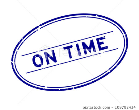 Grunge blue on time word oval rubber seal stamp on white background 109792434