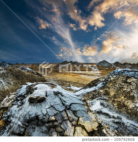 Mud volcanoes of Gobustan at sunset 109792608