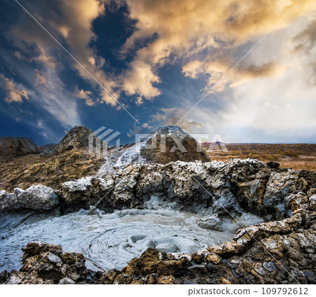 Mud volcanoes of Gobustan at sunset Mud volcanoes of Gobustan at sunset 109792612