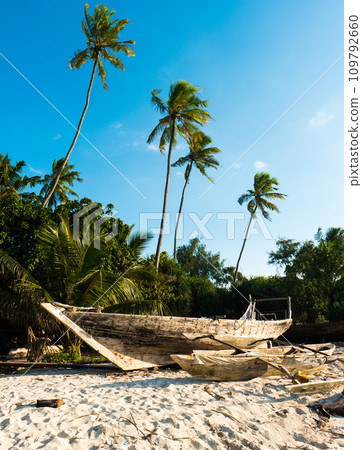 Ethnic sailing vessel sitting at a beach 109792660