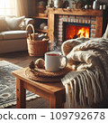 cozy breakfast with coffee, croissant, coffee, eggs and candles 109792678