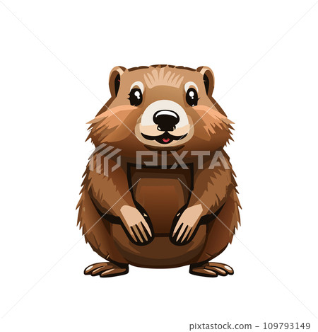 Groundhog. Illustration. A Groundhog (Marmota monax) under a holly bush. Selective focus on groundhog in the foreground. Groundhog Day. February 2. 2024. 109793149