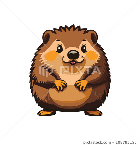 Groundhog. Illustration. A Groundhog (Marmota monax) under a holly bush. Selective focus on groundhog in the foreground. Groundhog Day. February 2. 2024. 109793153