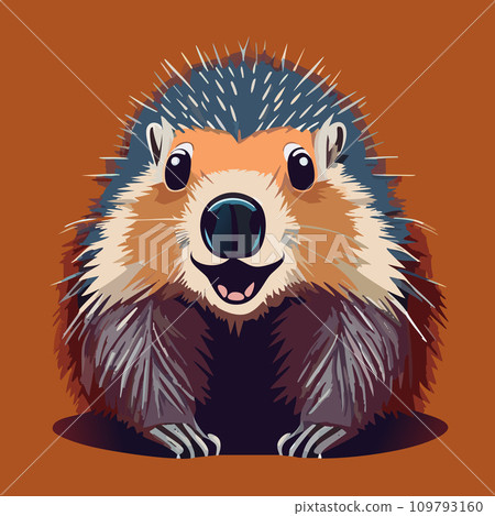 Groundhog. Illustration. A Groundhog (Marmota monax) under a holly bush. Selective focus on groundhog in the foreground. Groundhog Day. February 2. 2024. 109793160