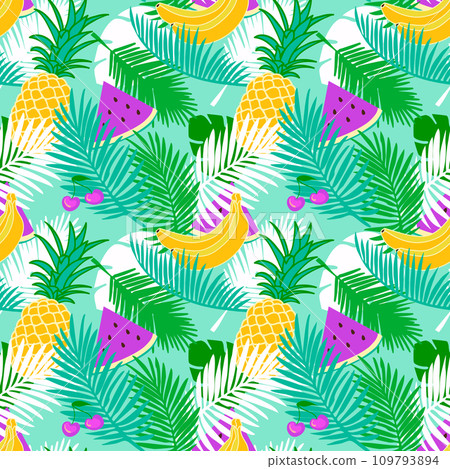 Watermelon slice, pineapple, banana and cherry pattern with palm leaf. 109793894