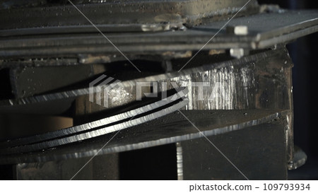 Hydraulic press on manufacture. Clip. Hydraulic press process. Create curved shaped parts with a hydraulic press Hydraulic press on manufacture. Clip. Hydraulic press process. Create curved shaped parts with a hydraulic press 109793934