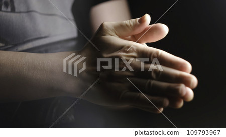 Men hands use hand sanitizer, spray pump to clean and get rid of epidemic viruses. Concept. Close up of applying spray disinfection alcohol product on hands against coronavirus bacteria. Men hands use hand sanitizer, spray pump to clean and get rid of epidemic viruses. Concept. Close up of applying spray disinfection alcohol product on hands against coronavirus bacteria. 109793967
