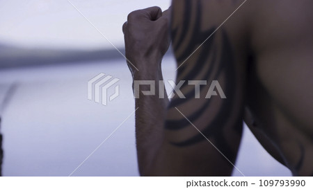 Male boxer practicing on nature near tree. Boxer practicing on the lake. Boxer doing shadow Boxing in the nature near the lake Male boxer practicing on nature near tree. Boxer practicing on the lake. Boxer doing shadow Boxing in the nature near the lake 109793990