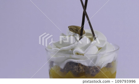 Vanilla sundae ice cream in cup on background. Ice cream in a glass with cream, closeup Vanilla sundae ice cream in cup on background. Ice cream in a glass with cream, closeup 109793996