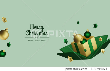 Happy New Year and Merry Christmas. Christmas holiday background with realistic 3d objects,gold and red bauble balls, conical metal stars. Levitation falling design composition. Happy New Year and Merry Christmas. Christmas holiday background with realistic 3d objects,gold and red bauble balls, conical metal stars. Levitation falling design composition. 109794071