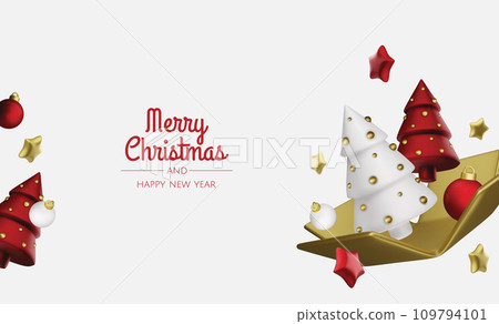 Happy New Year and Merry Christmas. Background with realistic holiday ball and gift. Christmas balls, gold stars, shiny confetti. Happy New Year and Merry Christmas. Background with realistic holiday ball and gift. Christmas balls, gold stars, shiny confetti. 109794101