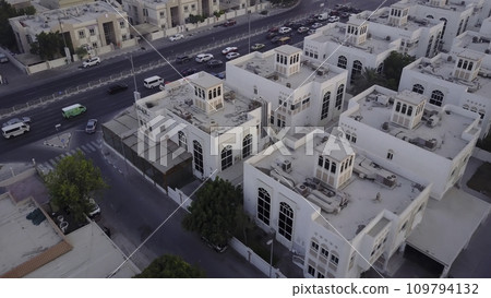 The Buildings In The Emirate Of Dubai. Aerial view. Highway. Aerial view of the business district of Dubai. Top view of highway. District on the Dubai 109794132