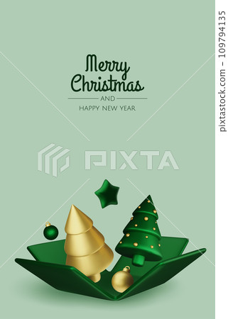 Happy New Year and Merry Christmas. Background with realistic holiday ball and gift. Christmas balls, gold stars, shiny confetti. Happy New Year and Merry Christmas. Background with realistic holiday ball and gift. Christmas balls, gold stars, shiny confetti. 109794135