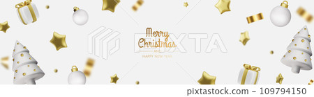 New Year or Christmas sales design template. Vector illustration. Winter background with decorative gift box and gold stars 109794150