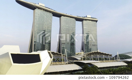 Aerial view of Marina Bay Sands Singapore. Shot. Aerial view of Singapore City Skyline with Marina Bay Sands Aerial view of Marina Bay Sands Singapore. Shot. Aerial view of Singapore City Skyline with Marina Bay Sands 109794262
