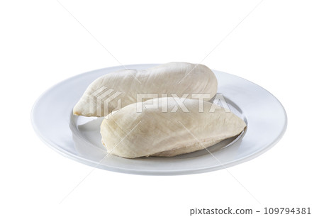 boiled chicken breast in a ceramic plate isolated on white background. boiled chicken breast in a ceramic plate isolated on white background. 109794381