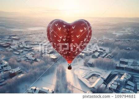 Red air balloon in shape of heart fly above winter city in the morning 109794681