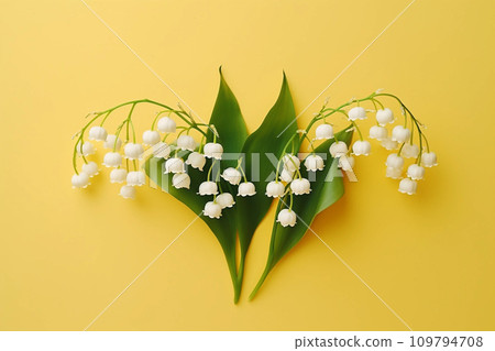 Lily of the valey bunch on yellow background top view 109794708