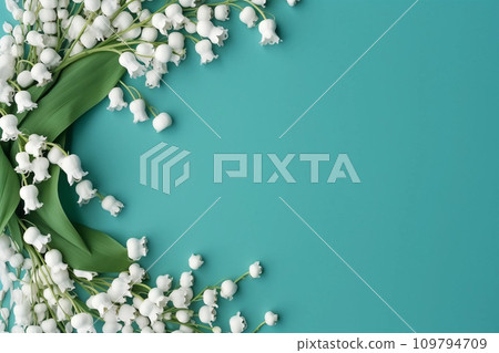 Lily of the valey bunch on blue mint background top view 109794709