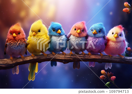 Row of colorful bird, sitting together on branch in sunset 109794713
