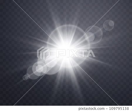 Silver sunlight lens flare, sun flash with rays and spotlight. Glowing burst explosion on a transparent background. 109795138