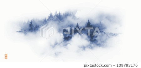 Ink painting of landscape with blue trees in fog. Traditional oriental ink painting sumi-e, u-sin, go-hua. Ink painting of landscape with blue trees in fog. Traditional oriental ink painting sumi-e, u-sin, go-hua. 109795176
