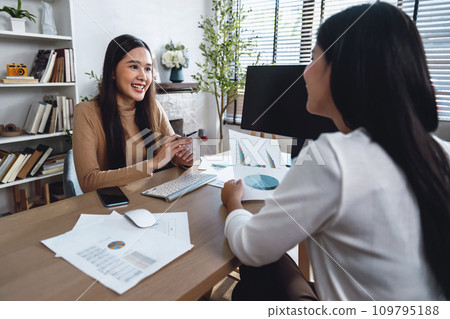 Two female accountants have a team meeting to summarize financial information in the office Two female accountants have a team meeting to summarize financial information in the office 109795188