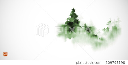 Minimalist ink landscape with green trees, shrouded in dense fog on white background. Traditional oriental ink painting sumi-e, u-sin, go-hua. Hieroglyph - zen Minimalist ink landscape with green trees, shrouded in dense fog on white background. Traditional oriental ink painting sumi-e, u-sin, go-hua. Hieroglyph - zen 109795198