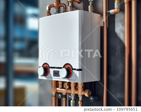 Efficient Heating: Wall-Mounted Combi Boiler in Close-Up View - Generative AI Efficient Heating: Wall-Mounted Combi Boiler in Close-Up View - Generative AI 109795651