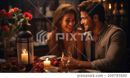 Romantic Bliss: Young Couple in Love Celebrating Valentine's Day at a Beautifully Decorated Table 109795680