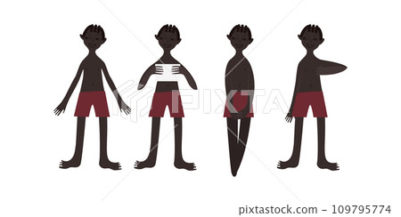 Four African boys in swimsuits. Calm standing poses: thumbs up, piece of paper in hands. Brown skin tone and dark hair. Vector illustration in flat style 109795774