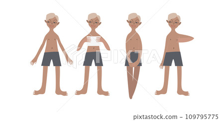 Four tanned European boys in swimsuits. Calm standing poses: thumbs up, piece of paper in hands. Tanned skin and blond hair. Vector illustration in flat style 109795775